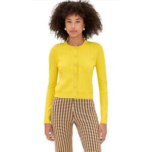 Le Bop Citron Yellow Lightweight Cardigan Sz M Button Up Crew Neck Double Pocket